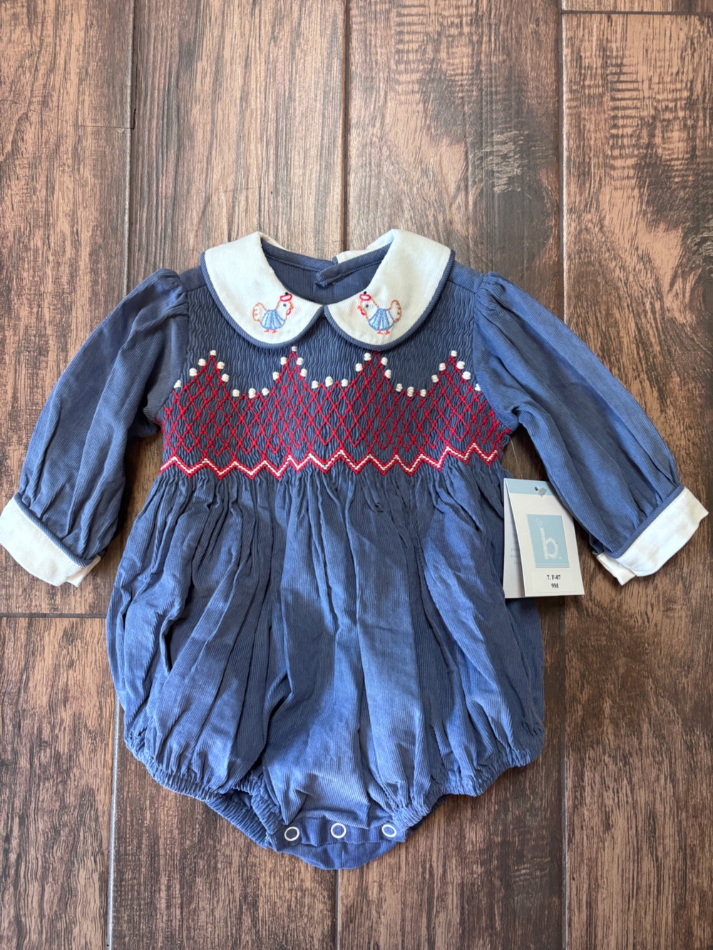 bella bliss Navy Corduroy Smocked  Bubble Romper with Chickens